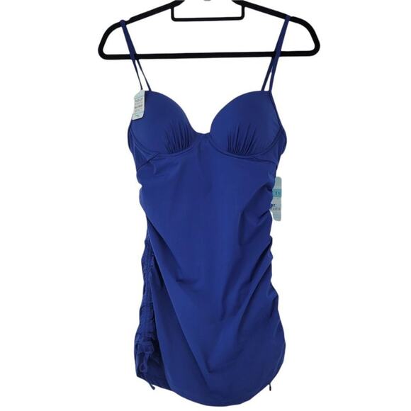 Spanx Love Your Assets Navy Push Up Stretch Ruched Swim Dress Size Medium - Picture 2 of 6